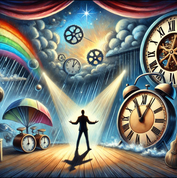 vivid colorful image of a person standing on stage in spotlights surrounded by rainbows, umbrellas, gears and clocks