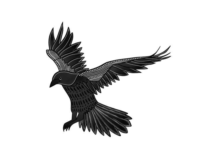 logo of a black crow with jeweled type decorations. the crow looks like it's about to land with its wings spread wide.