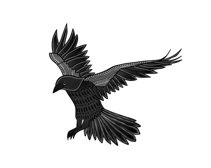 logo of a black crow with jeweled type decorations. the crow looks like it's about to land with its wings spread wide.