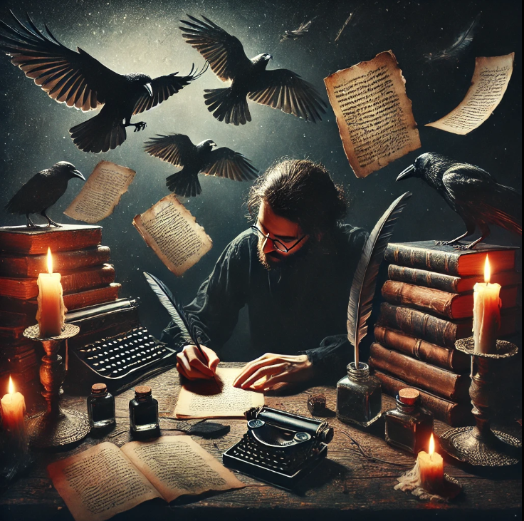 man with glasses sitting at a table. He is holding a quill with his head down writing on old paper. He is surrounded by books and candles on the table and crows are flying around him.